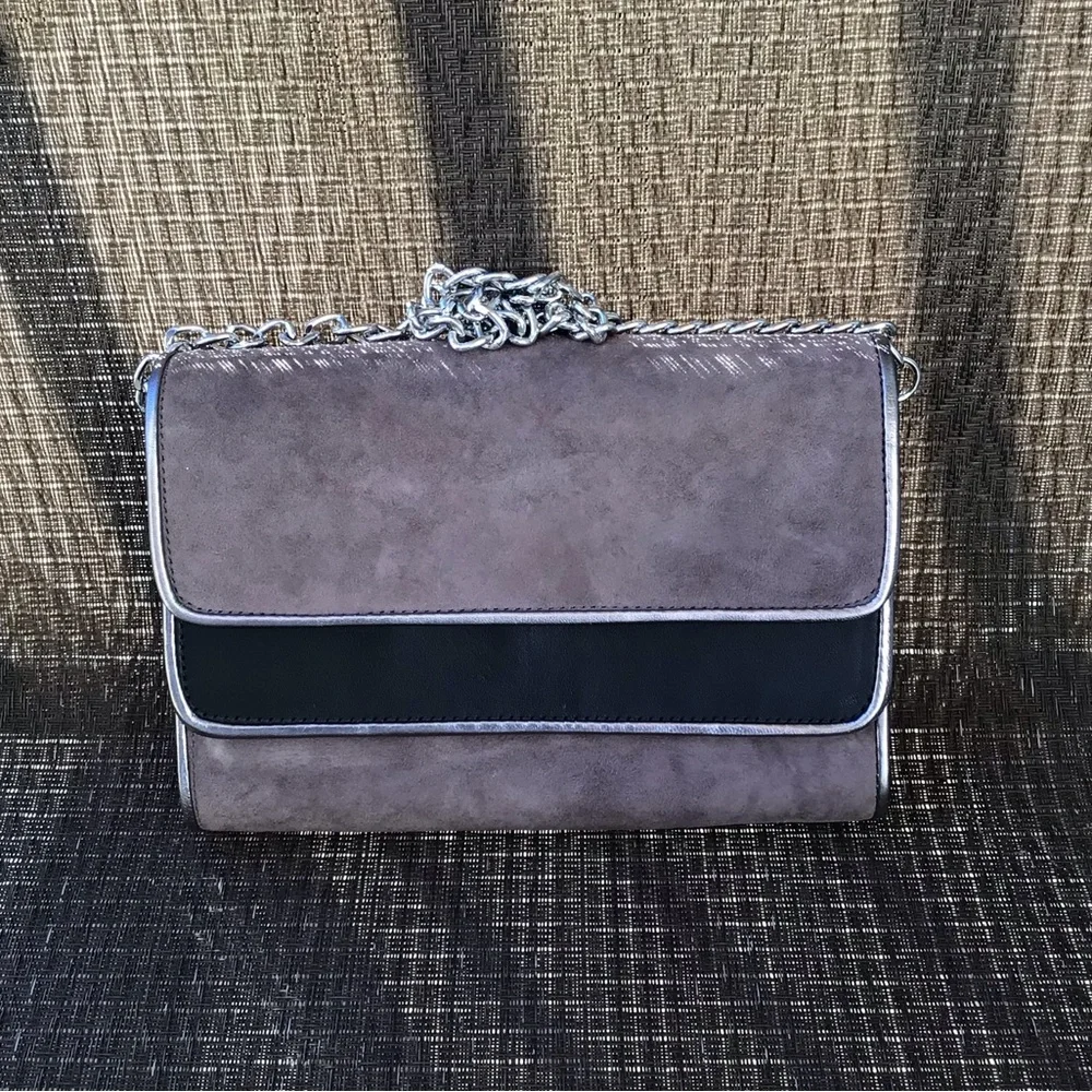 Mellow Yellow Gray Suede/ Black Leather Clutch Shoulder Bag